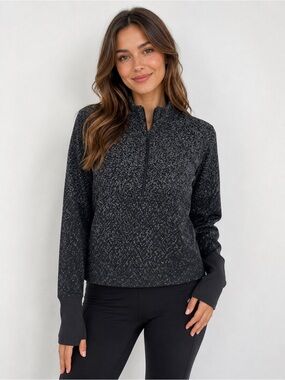 Lululemon Quarter Zip Pullover Black White Speckled Activewear Top Size 6